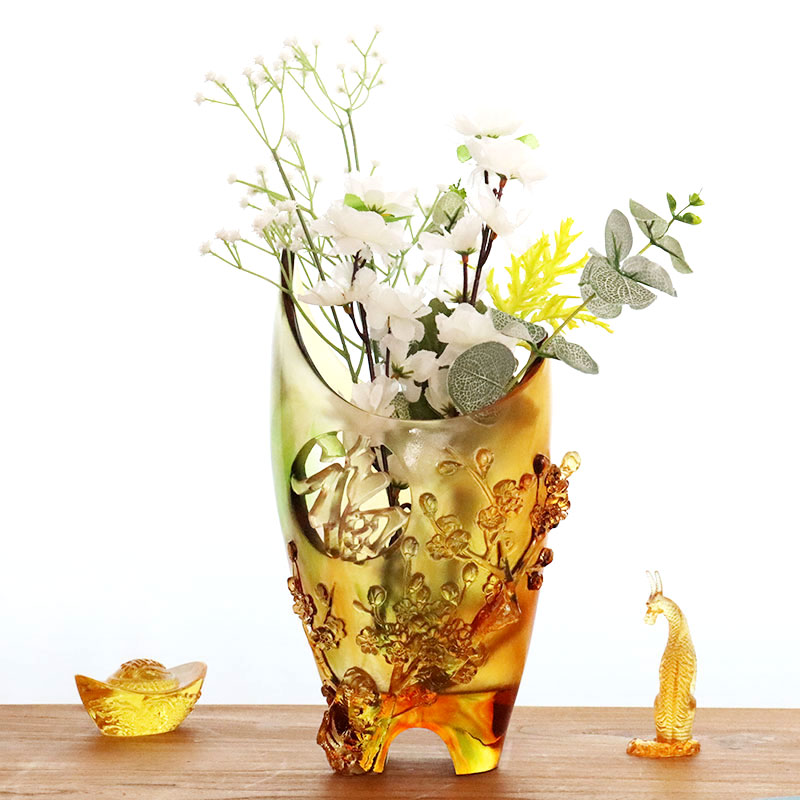 Украшения для дома Цветок сливы Резной дизайн Янтарная стеклянная ваза
